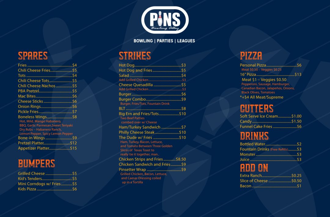 Menu PINS Bowling Alley